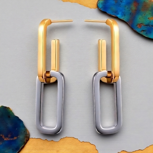 🆕️lMinimalist Chic Two Tone C Hoop Earrings 18K Gold Plated Stainless Steel - Picture 16 of 16